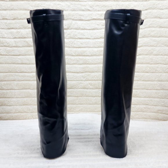 Paris Black Skirted Fold Over 3.5" Block Heel Knee High Boots - Picture 2 of 11